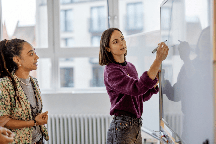 A woman writing a plan on a whiteboard