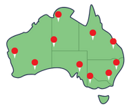 A map of Australia with location pins all over it