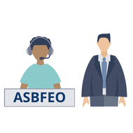 A person with a headset and the word ASBFEO under them next to a person in a tie