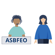 A person with a headset and the word ASBFEO under them next to a woman in a blue shirt