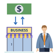 A man in a suit standing beside a business shopfront. Arrows indicate money coming in and out of the business. 