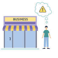 A person in a teal shirt standing next to a business shopfront with a caution sign in a thought bubble