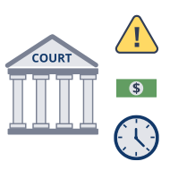 A courthouse with a warning sign, a dollar sign and a clock