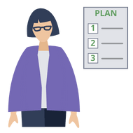 A woman with a document showing the word 'plan' and three steps to do. 