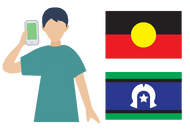 A person talking on the phone beside an Aboriginal flag and a Torres Strait Islander flag