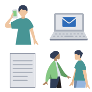 A person on a phone, an email on a laptop, a letter and two people facing each other