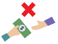 A person handing money to another person, with a large red X to indicate this is not required. 