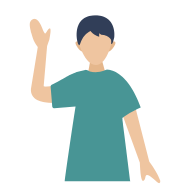 A person in a teal shirt waving in a friendly way