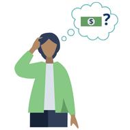 A woman in a green jacket scratching her head with money and a question mark in a thought bubble