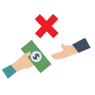 A person's hand passing money to another person's hand with a red cross at the top