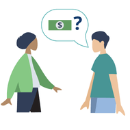 A woman in a green shirt and a person in a teal shirt with money and question mark in a speech bubble