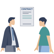 Person facing a lawyer with a written contract between them