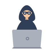 A person who is a scammer using a laptop and wearing a mask