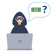 A person who is a scammer using a laptop with money and a question mark in a speech bubble