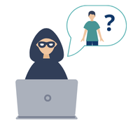 A person who is a scammer using a laptop with a person and a question mark in a speech bubble