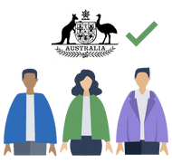 Three people in business clothes below the Australian coat of arms and a large tick symbol