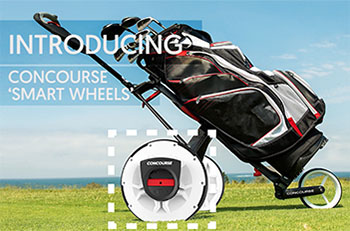 Golf bag on a trolley. The trolley's wheels have been replace with alternatives that have a motor fixed on the hub.