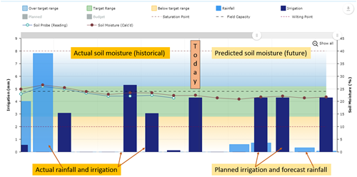 Graph showing soil moisture and rainfall, both actual and predicted.