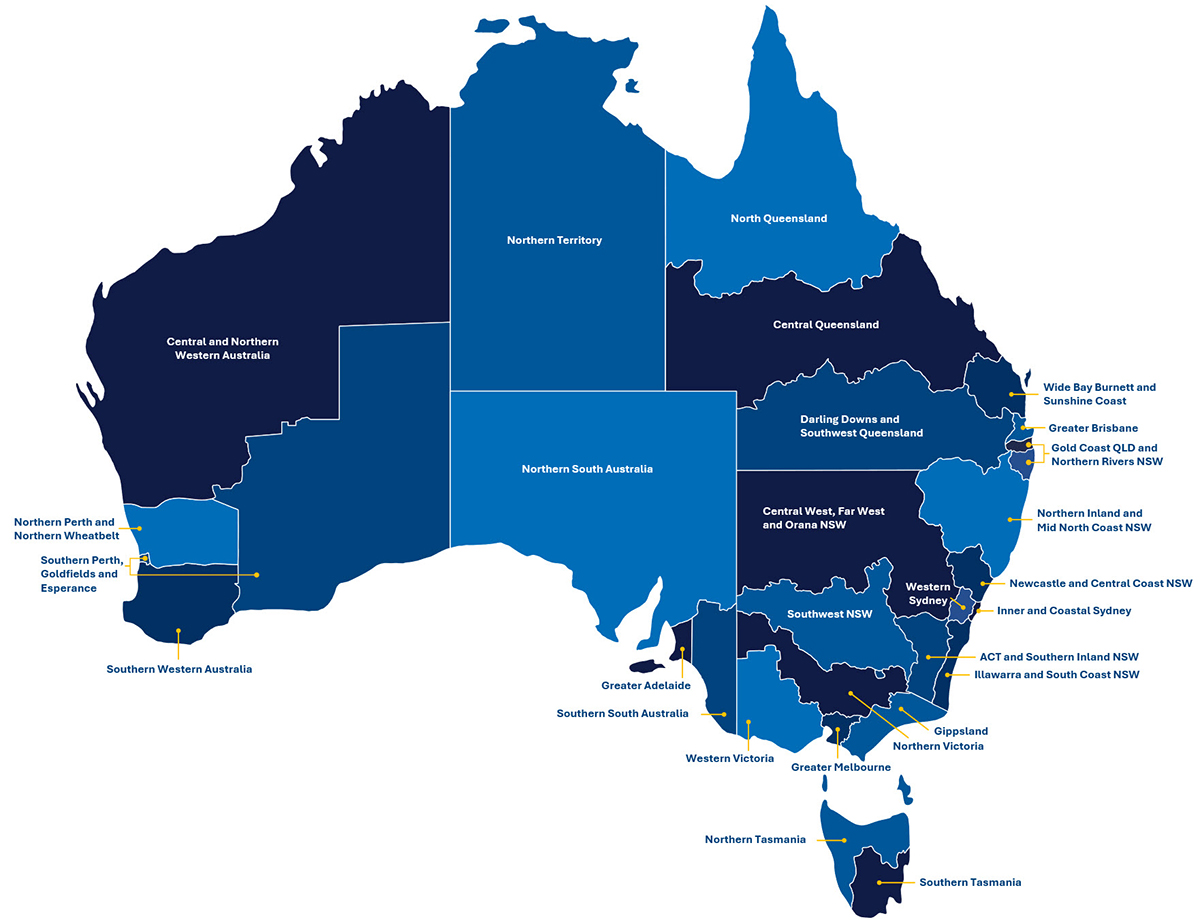 Map of Australia showing where the AusIndustry Regional Managers are.