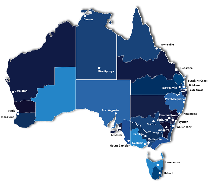 Map of Australia showing where the AusIndustry Regional Managers are