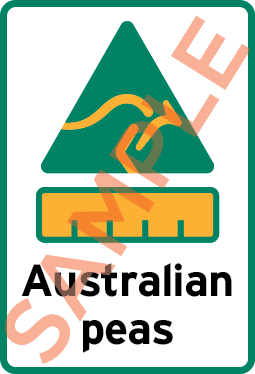 Example label showing a kangaroo symbol, bar chart and the text Australian peas.