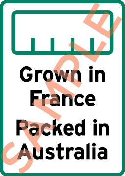Sample label showing a bar chart and the text Grown in France Packed in Australia.