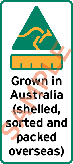 Sample label showing a kangaroo triangle symbol, bar chart and the text Grown in Australia (shelled, sorted and packed overseas)