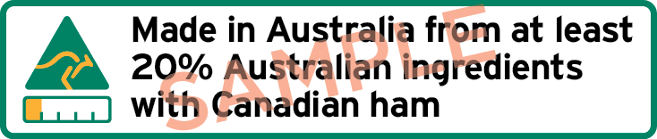 Sample label with kangaroo symbol, bar chart and text Made in Australia from at least 20% Australian ingredients with Canadian ham.