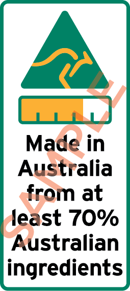Sample label showing a kangaroo symbol, bar chart and the text Made in Australia from at least 70% Australian ingredients.