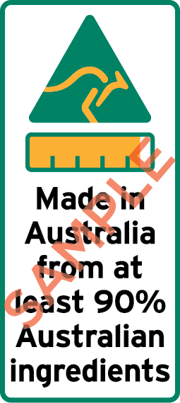 Sample label showing Kangaroo icon, bar chart and the text Made in Australia from at least 90% Australian Ingredients