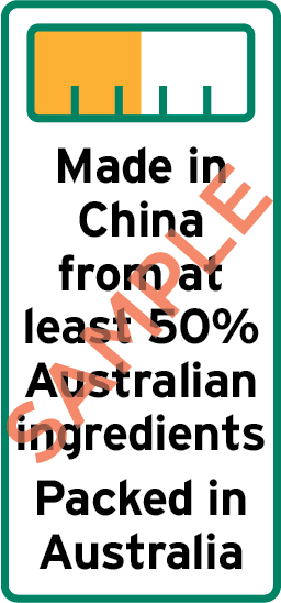 Sample label showing bar chart and the text Made in China from at least 50% Australian ingredients Packed in Australia