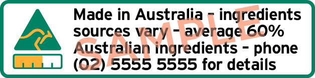 Sample label with kangaroo and bar symbol, text Made in Australian ingredients sources vary average 60% Australian ingredients and phone details