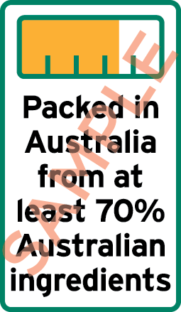 Sample label showing a bar chart and the text Packed in Australia from at least 70% Australian ingredients.