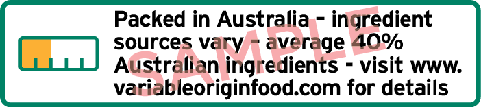 Sample label with bar chart and text Packed in Australia ingredient sources vary average 40% Australian ingredients, and web details.