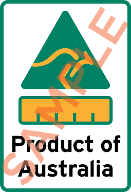 Sample label showing a kangaroo triangle symbol, barchart and the text Product of Australia.