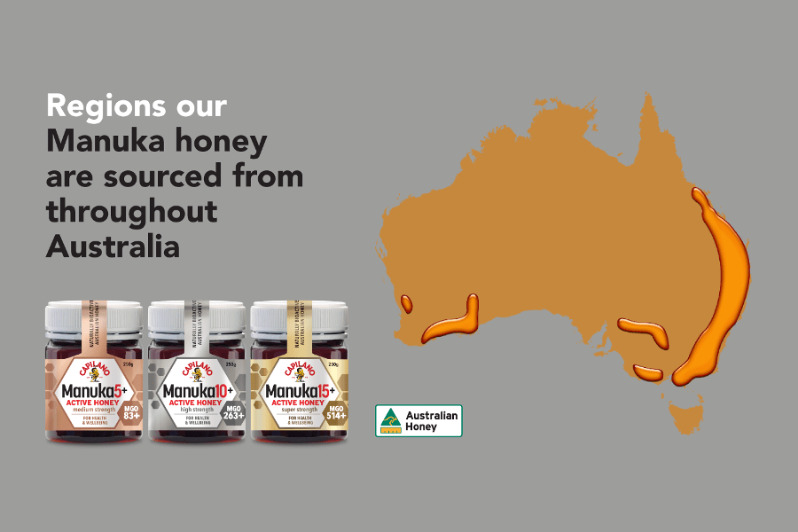 Map of Australia showing the source of Manuka honey – mostly on the east coast and south-west Western Australia.