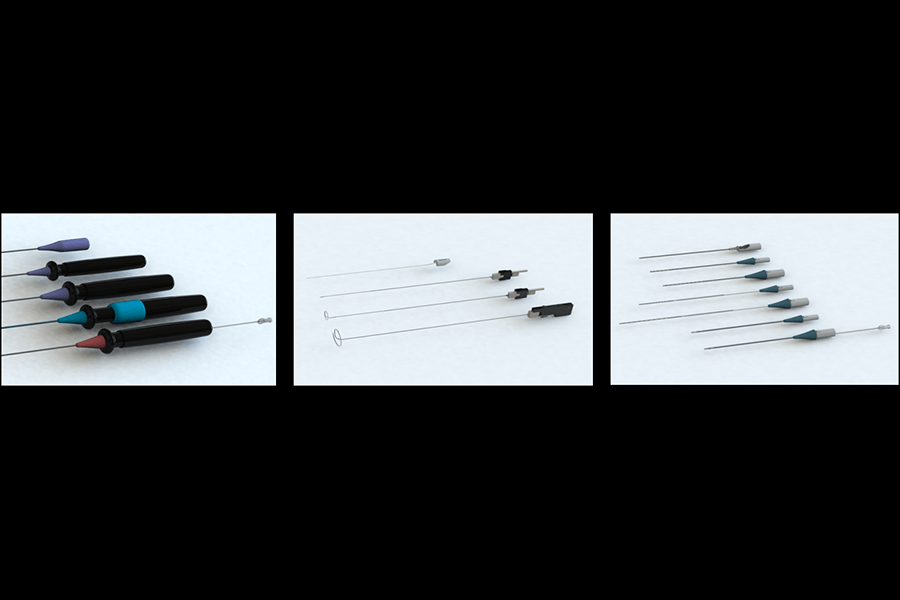 An image of various sets of reusable catheters of different sizes, handles and length.
