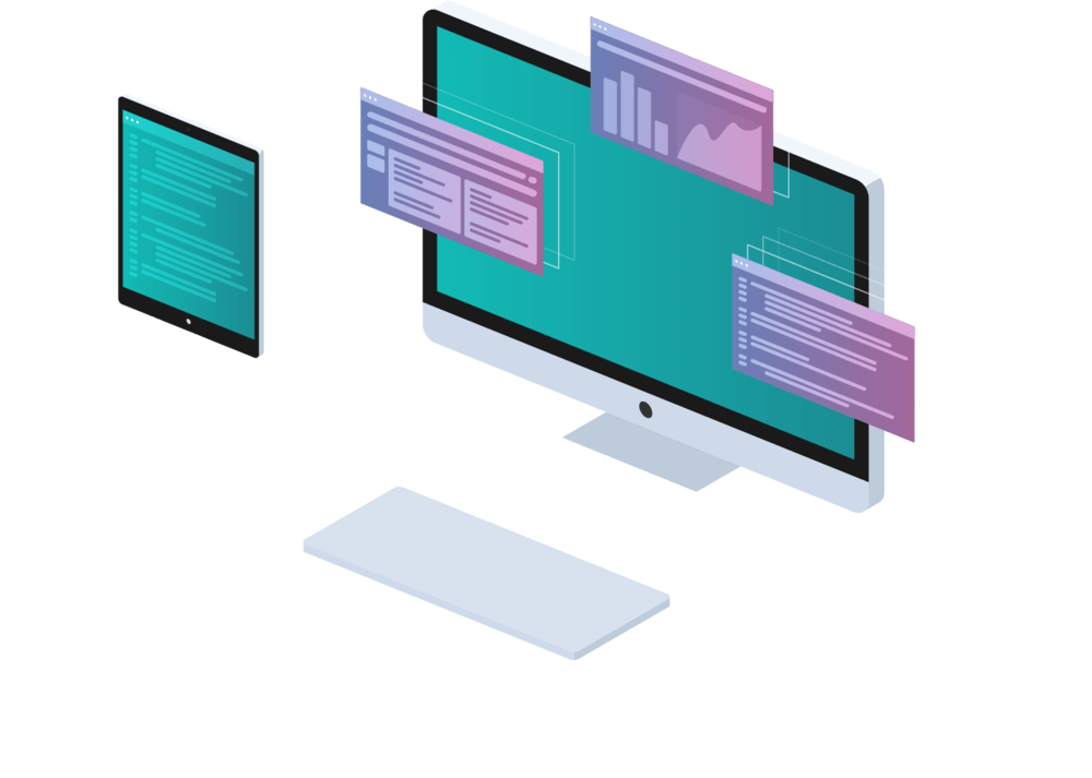 Illustration of computer screen and mobile device with apps running