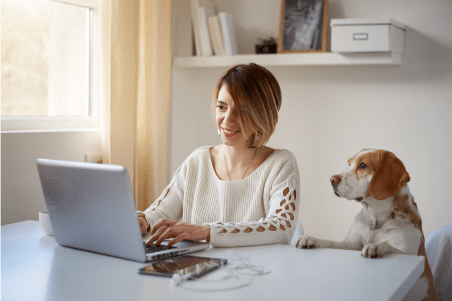 Business woman on laptop with dog next to her